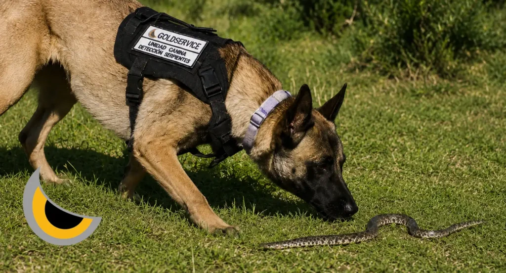 Plaga de serpientes en Ibiza: 6 ventajas de un perro detector Milka, perra detectora de Goldservice, oliendo una serpiente de herradura en un servicio de control de plagas en Ibiza