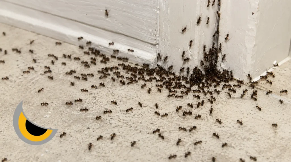 Plaga de hormigas: identificación, riesgos y control limpio en viviendas y negocios Plaga de hormigas en el suelo de una vivienda saliendo desde el rodapié